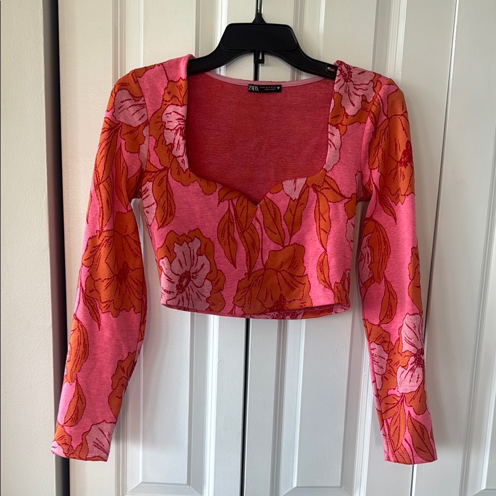 Zara Pink Orange Floral Fitted Crop Sweater